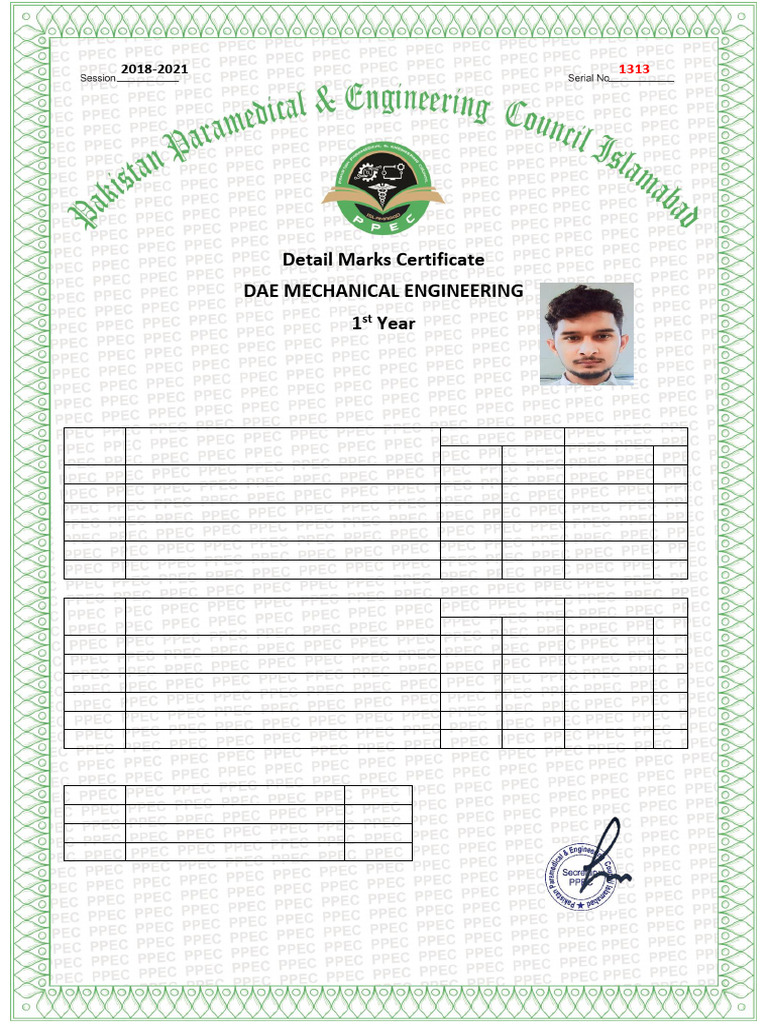 DAE Mechanical Engineering Marks Certificate | PDF | Engineering ...