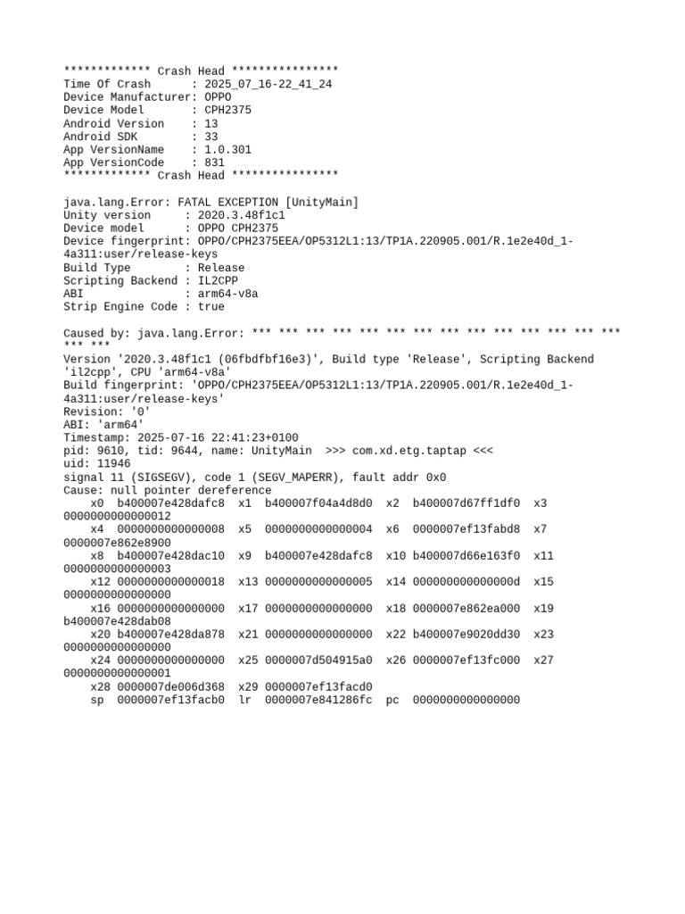 OPPO Crash Report: Unity Error 2025 | PDF