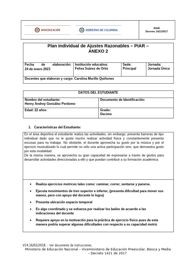 Plan Individual de Ajustes Razonables PIAR | PDF | Educación de la ...