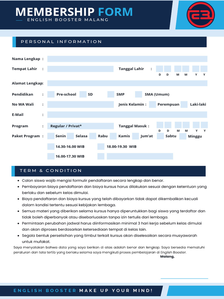 Formulir Pendaftaran English Booster Malang | PDF