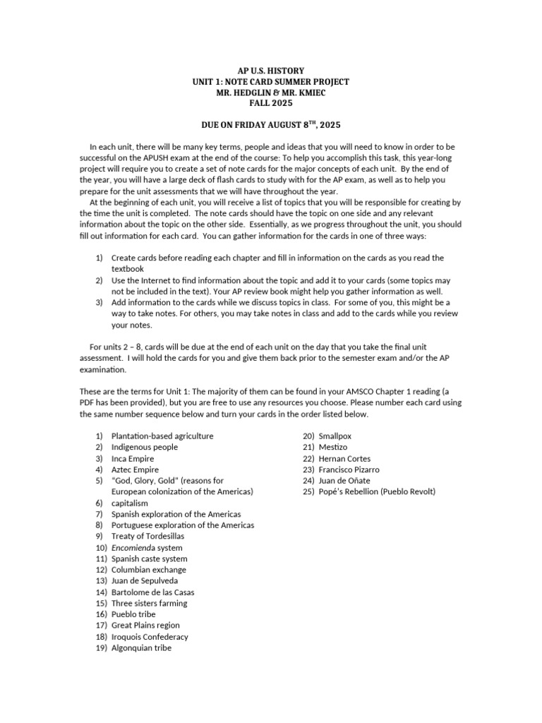 APUSH Unit 1 Note Card Project | PDF | Spanish Colonization Of The ...