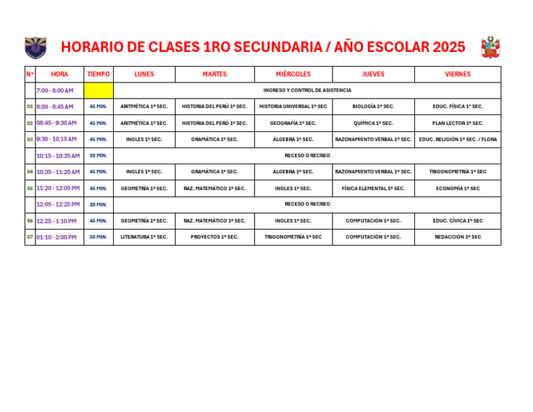 Horario Clases 1º Secundaria 2025 | PDF