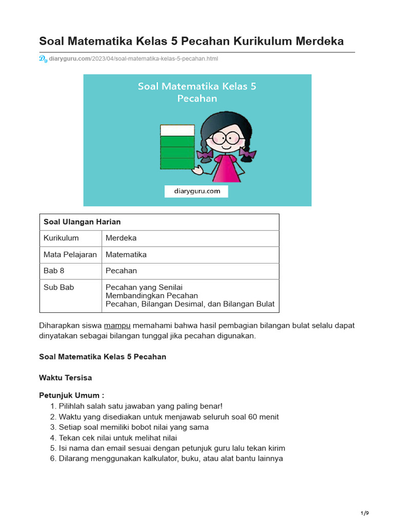 Soal Pecahan Matematika Kelas 5 | PDF