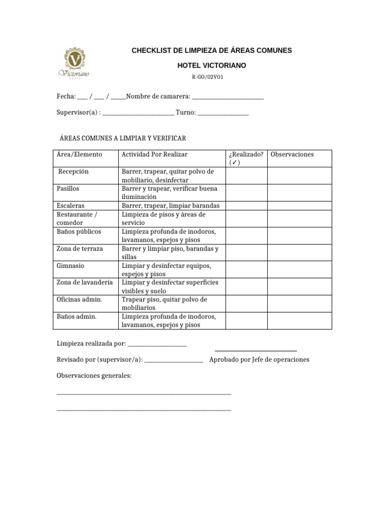 Checklist de Limpieza de Áreas Comunes | PDF