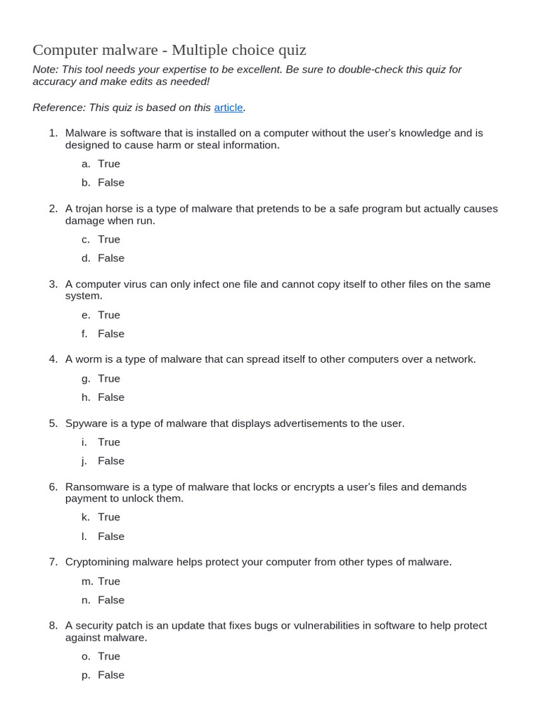 Malware Awareness Quiz | PDF | Malware | Computer Virus
