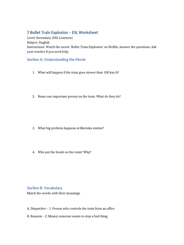 ESL Worksheet: Bullet Train Explosion | PDF