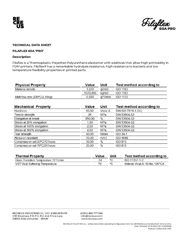 Filaflex 60a _ Technical Data Sheet _ Tds _ 2024 | PDF