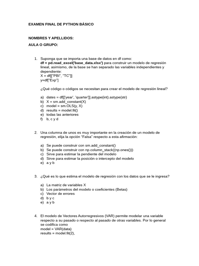 Examen Final de Python Básico | PDF | Análisis de regresión | Algoritmos