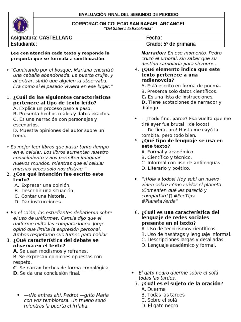 Evaluación de Lenguaje para 5º Grado | PDF