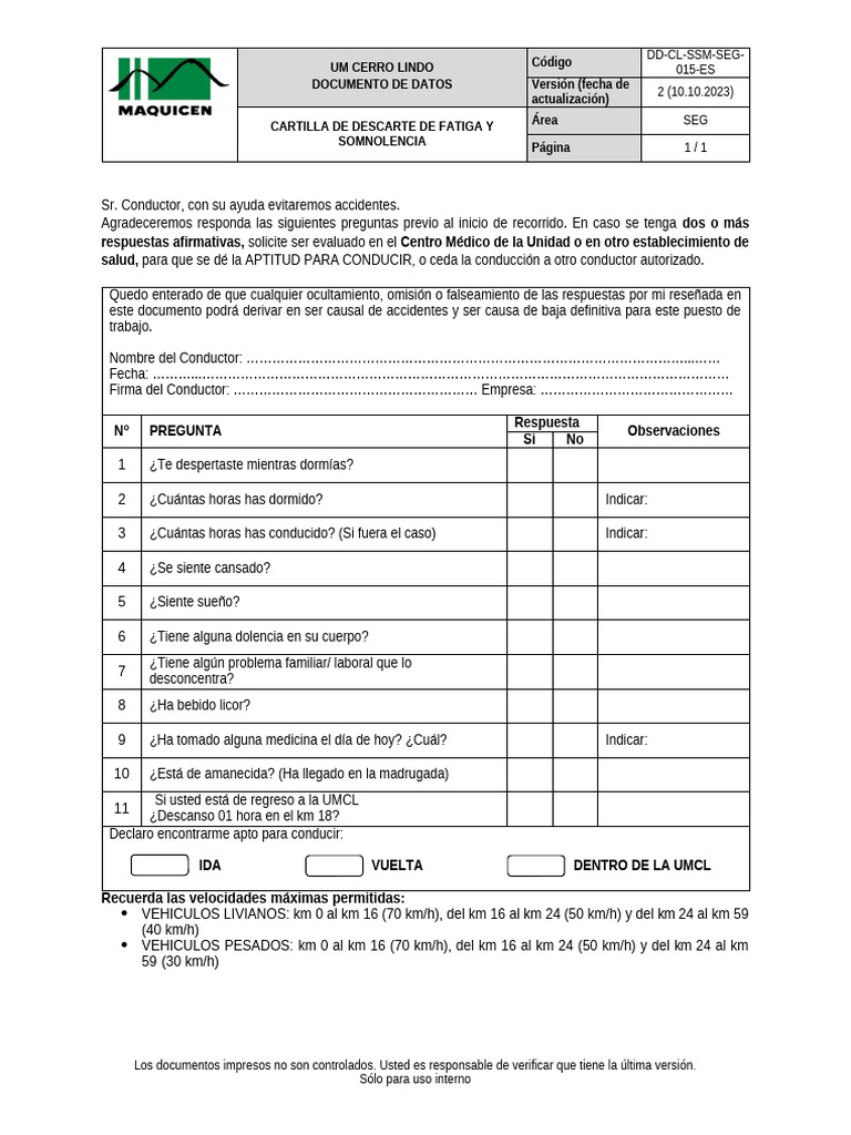 Dd-cl-ssm-seg-015-Es - Cartilla de Descarte de Fatiga y Somnolencia | PDF