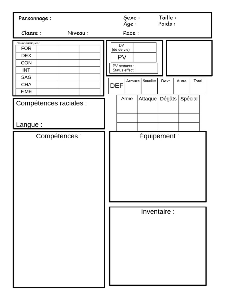 Fiche de personnage JDR simple | PDF