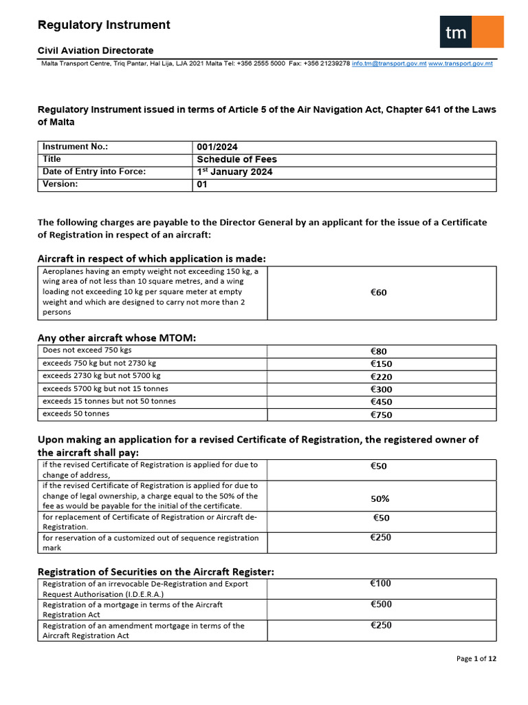 Regulatory Instrument 01 - Schedule of Fees MALTA TRANSPORT | PDF ...