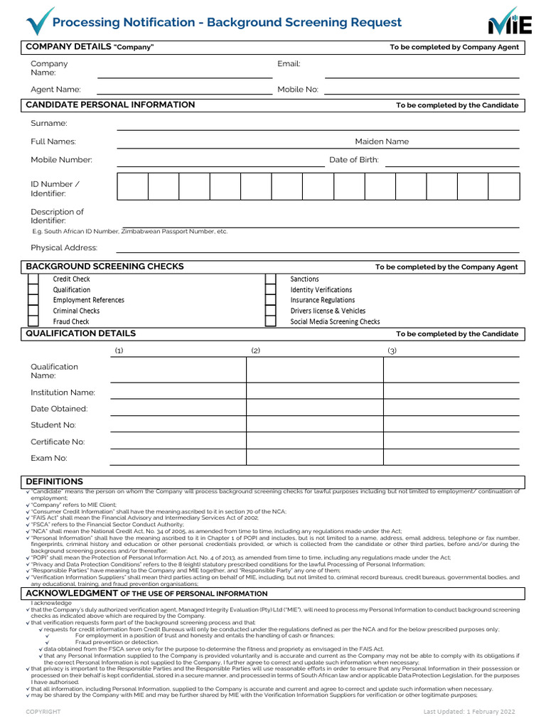 MIE Background Screening Process Form | PDF | Criminal Record | Privacy