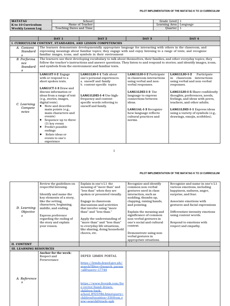 Matatag K to 10 Curriculum Pilot Guide | PDF | Nonverbal Communication ...