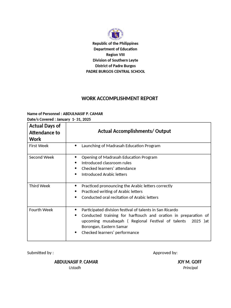 Padre Burgos School Work Report January 2025 | PDF