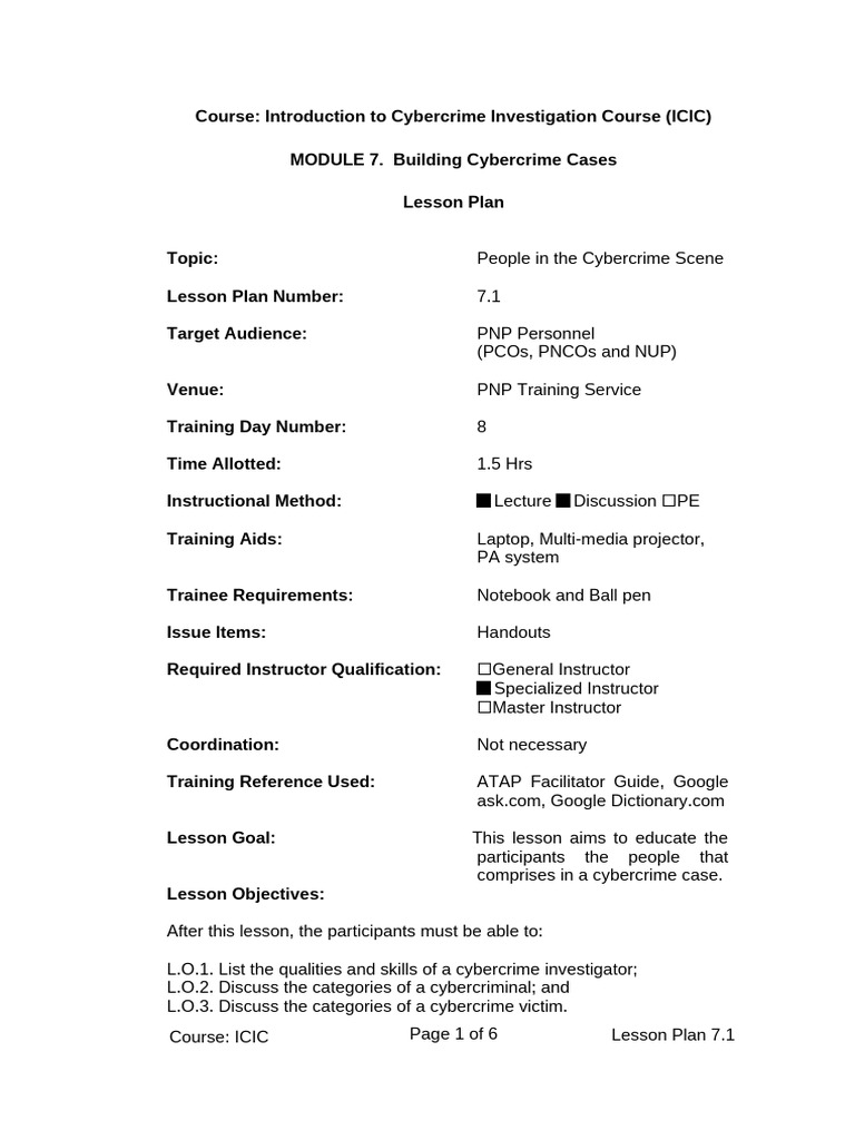 Lesson Plan 7.1 People in the Cybercrime Scene | PDF | Cybercrime ...