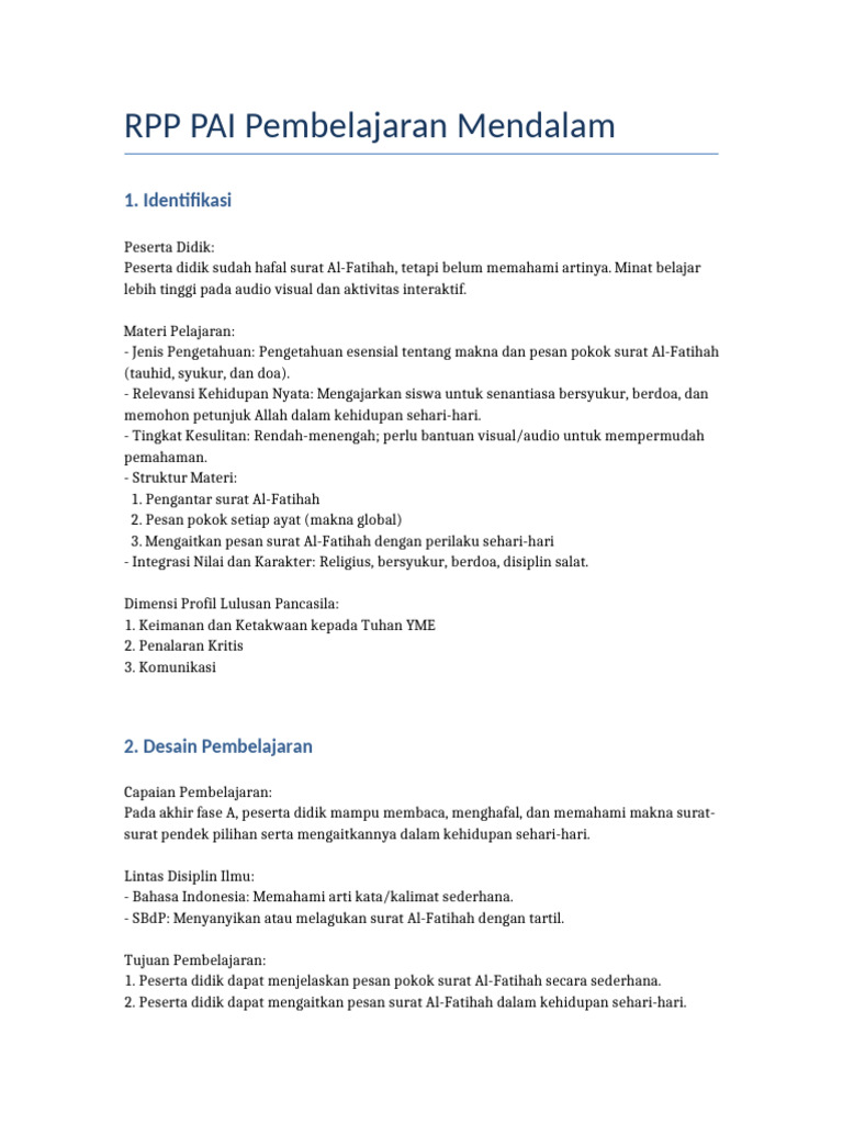 RPP Pembelajaran Mendalam PAI SD | PDF