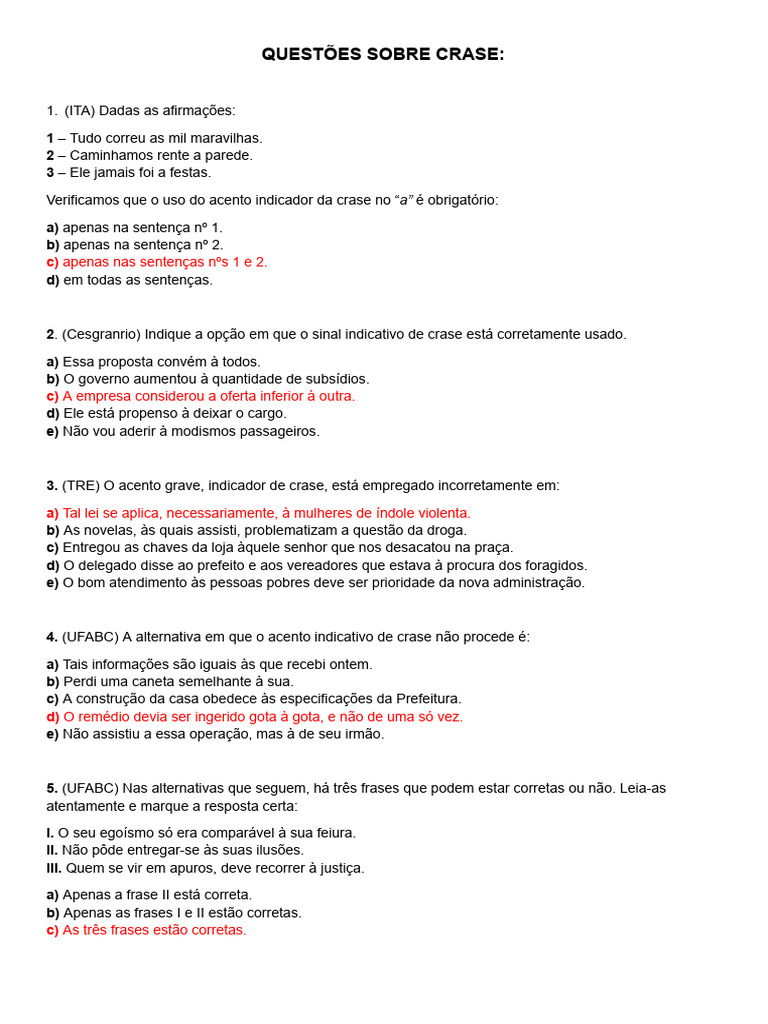 Questões de Crase - Gabarito | PDF