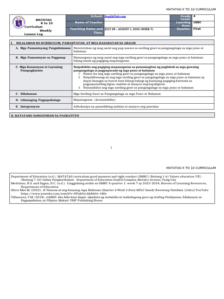 DLL Matatag - GMRC 4 q1 w7 | PDF