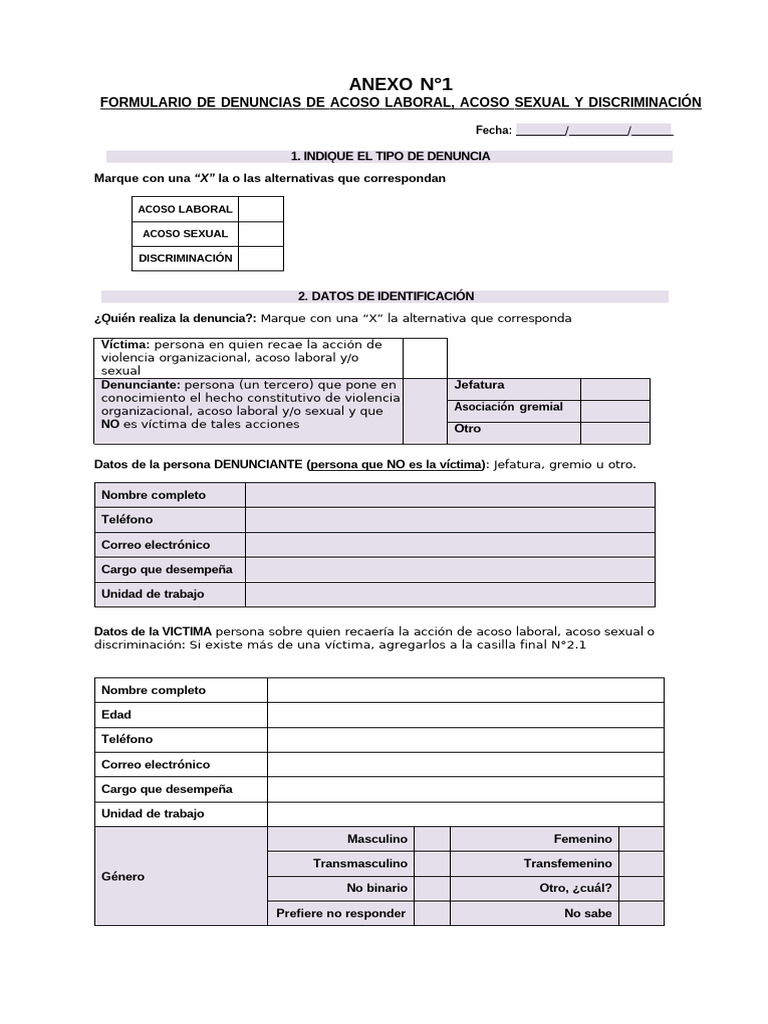 Anexo 1 - Formulario de Denuncia PDF Acoso sexual Mujer