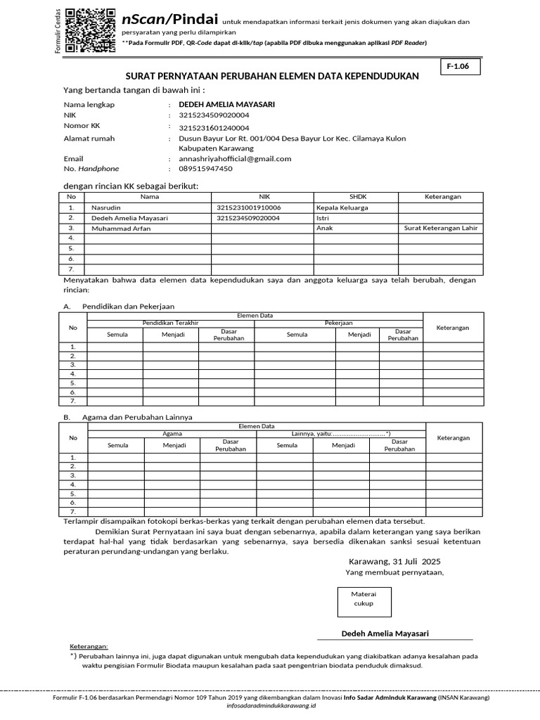 Surat Pernyataan Perubahan Data KK | PDF