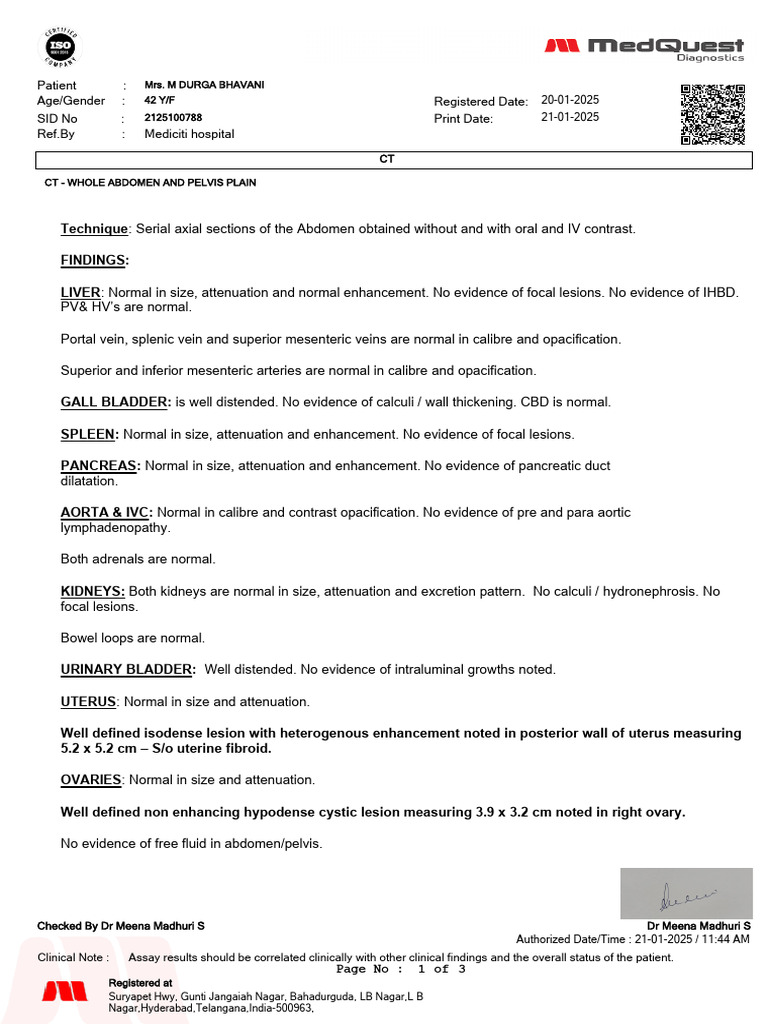Uterine Fibroid and Ovarian Cyst Report | PDF | Pancreas | Abdomen