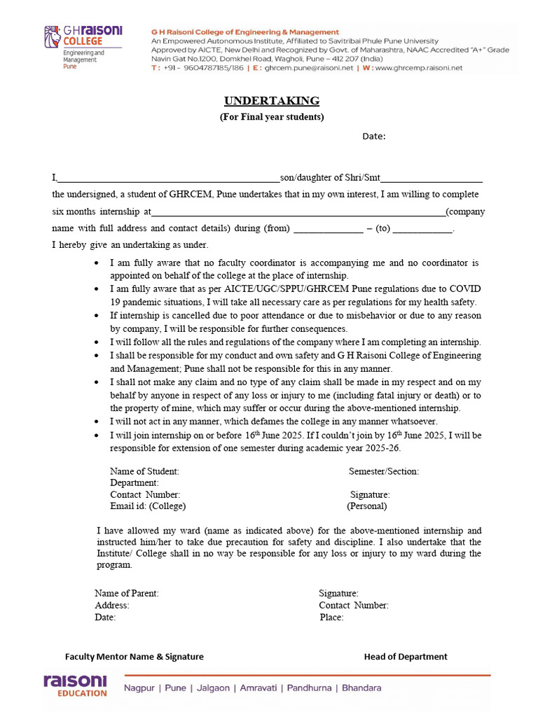 Internship Undertaking for Students | PDF