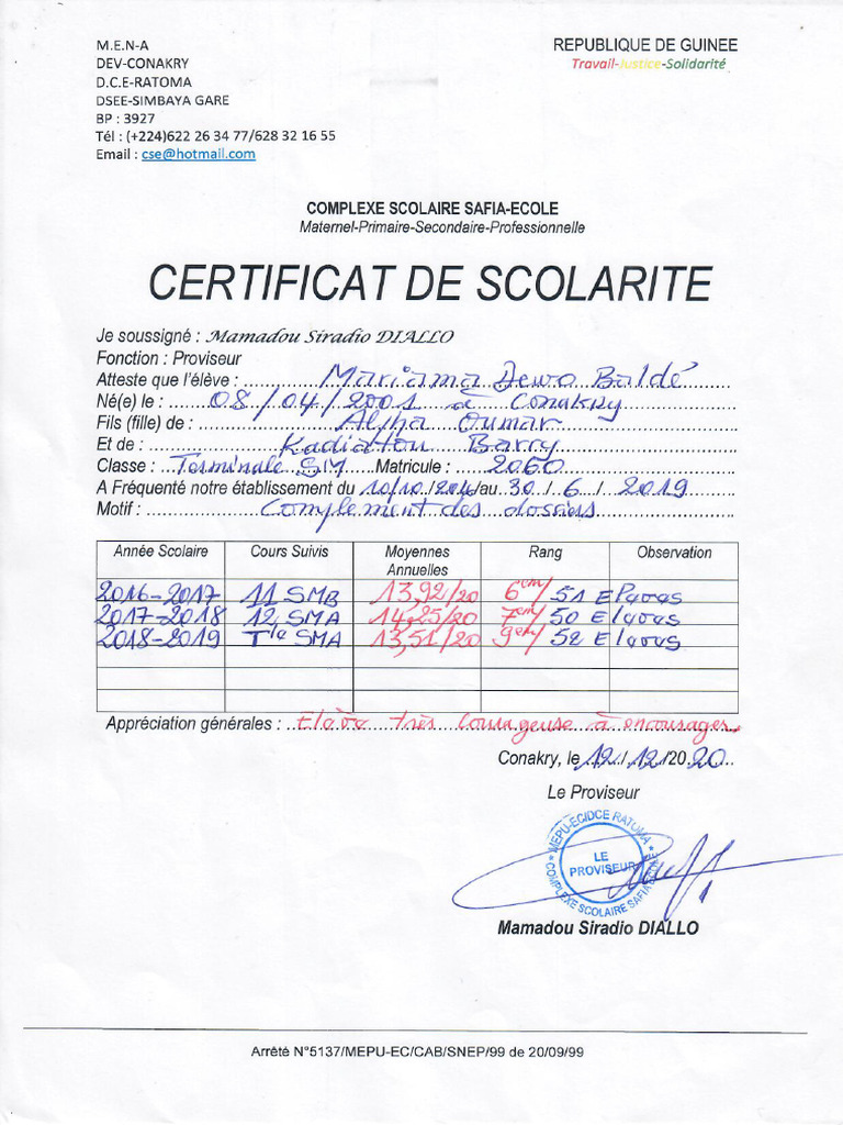 Certificat de Scolarite | PDF