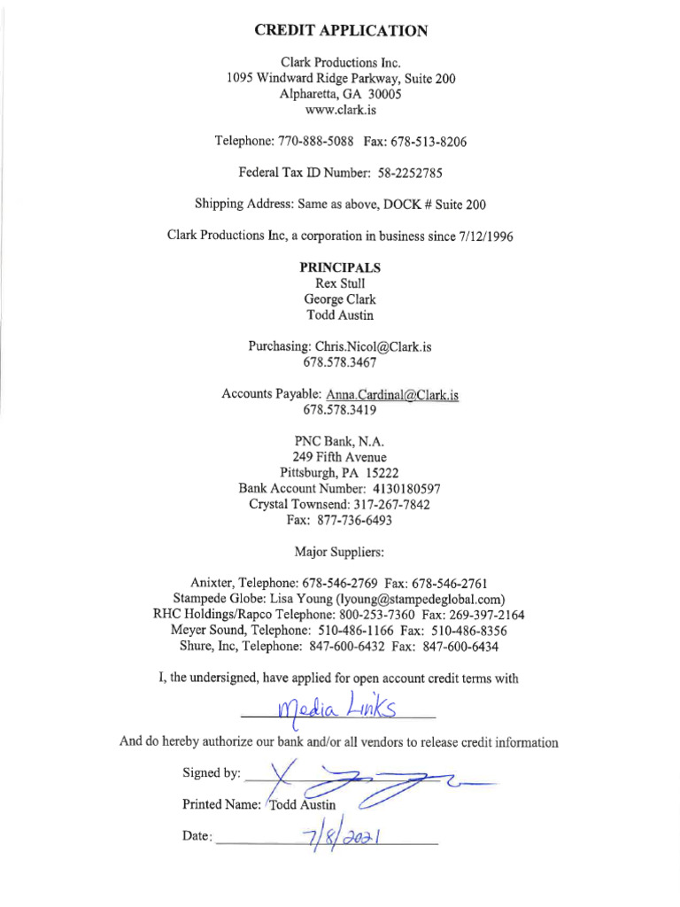 Clark Productions Inc. - Credit Aplication | PDF