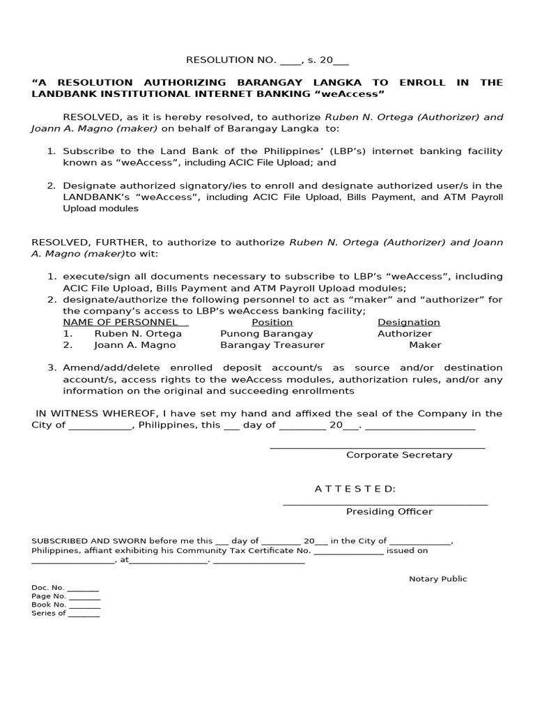 Barangay Langka's weAccess Enrollment Resolution | PDF