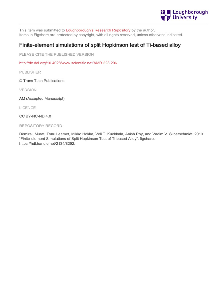 Finite Element Analysis of Ti Alloy SHPB Test | PDF | Deformation ...