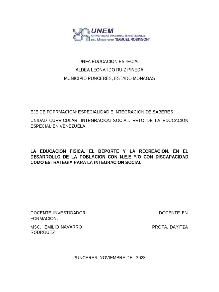 Pnfa Educacion Especial Dayitza 1 | PDF | Invalidez | Deportes