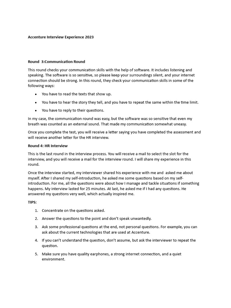 Accenture Interview Experience 2023 | PDF