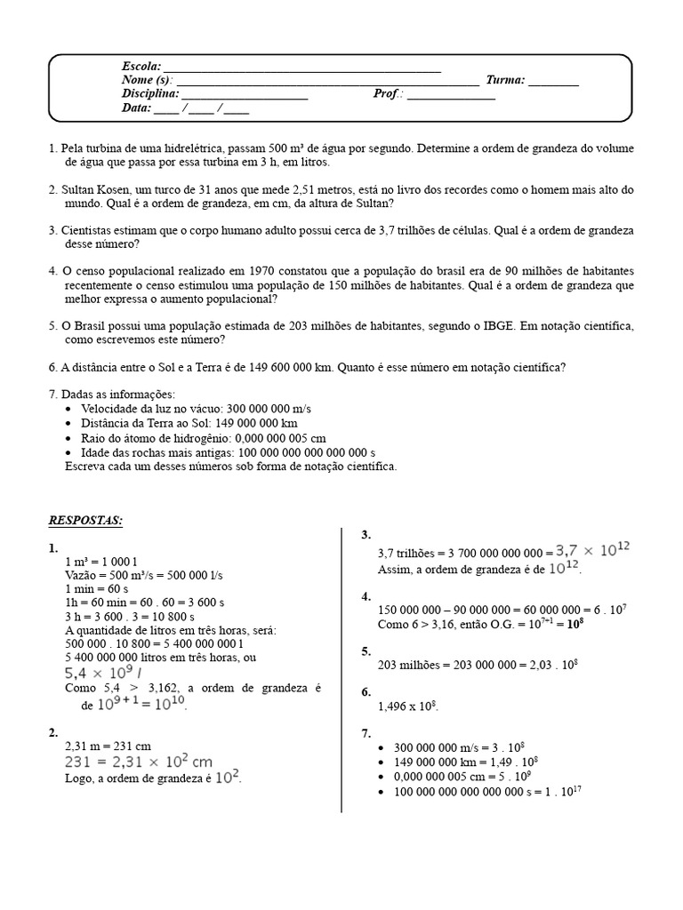 Exercícios de Ordem de Grandeza e Notação Científica | PDF | Sol | Terra