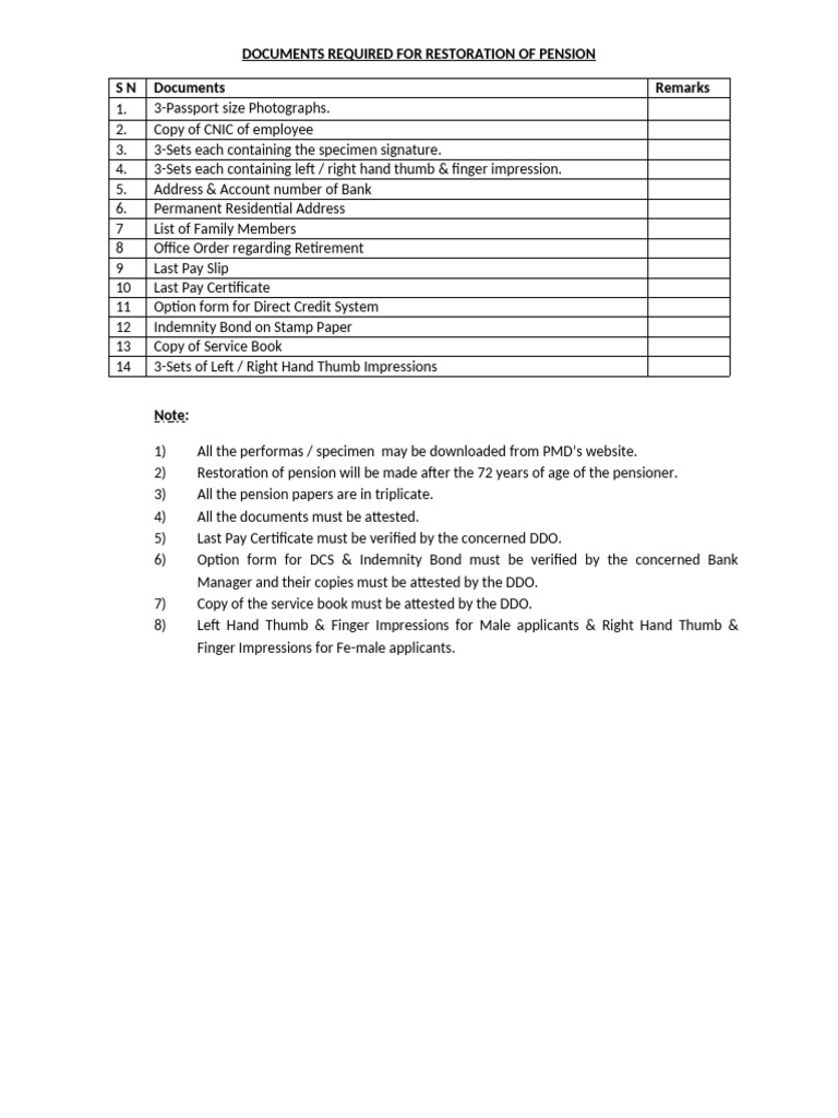 Pension Restoration Document Checklist | PDF