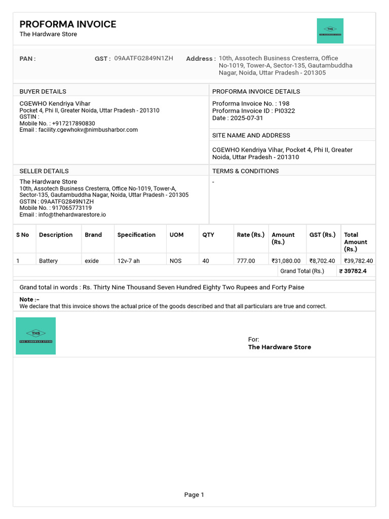 Proforma Invoice for Hardware Purchase | PDF | Invoice