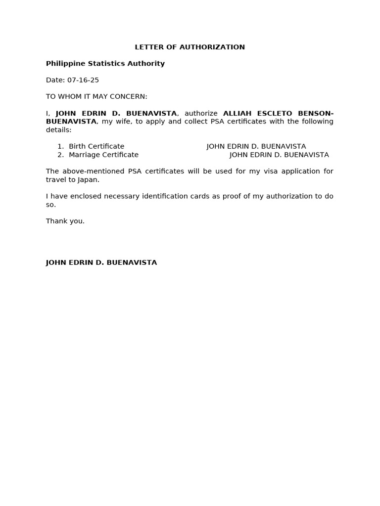 Letter of Authorization for PSA Certificates | PDF