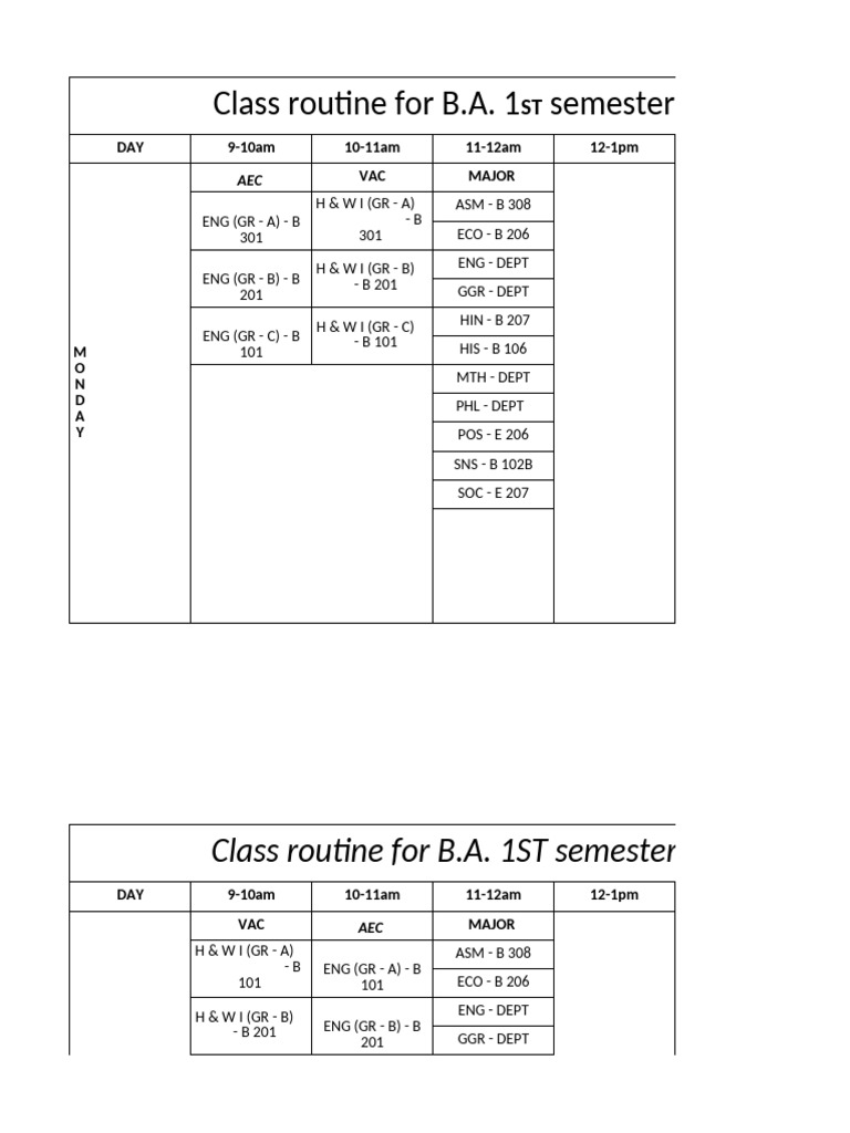B.A. 1st Semester Class Schedule 2025 | PDF