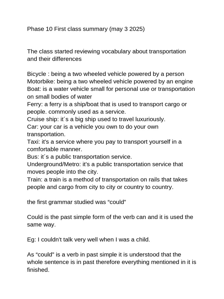First Class Summary Phase 10 | PDF | Transport | Subject (Grammar)