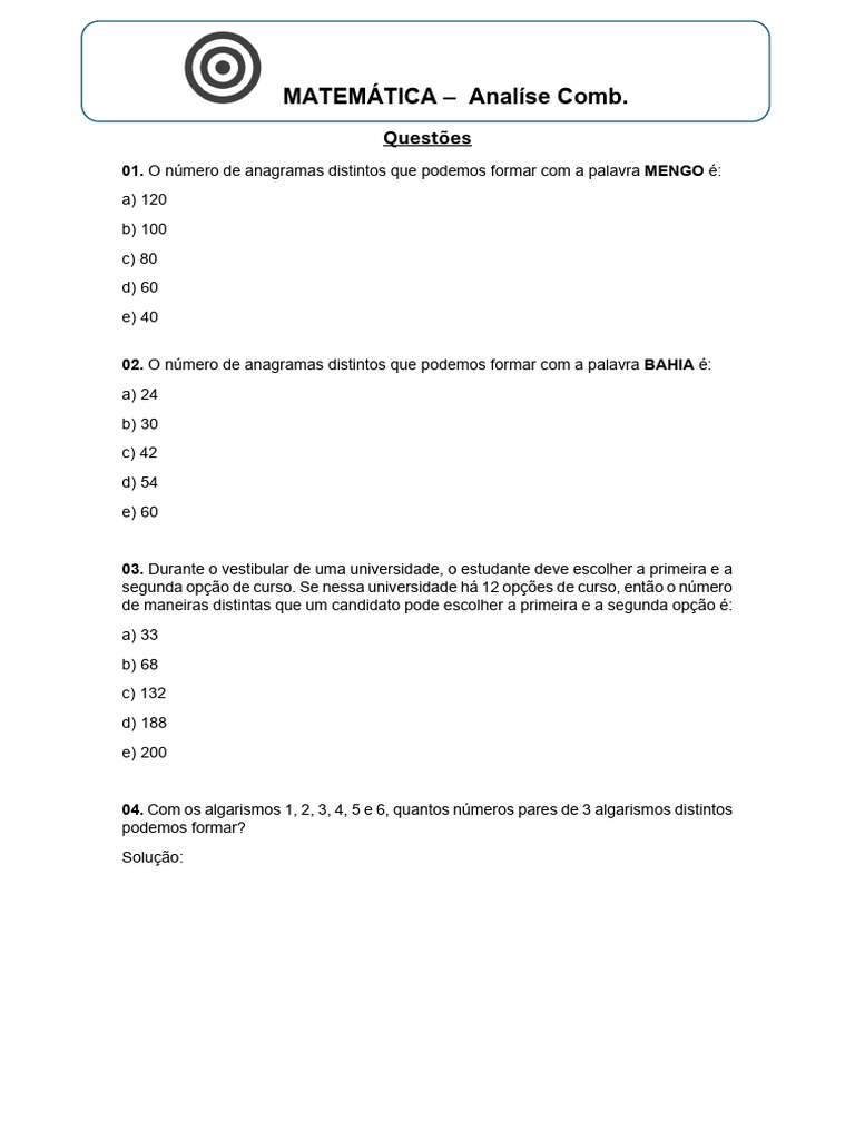 Anagramas e Combinações em Matemática | PDF