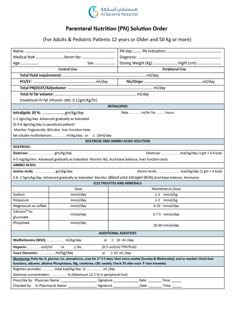 Parenteral Nutrition Solution Order | PDF | Medical Specialties