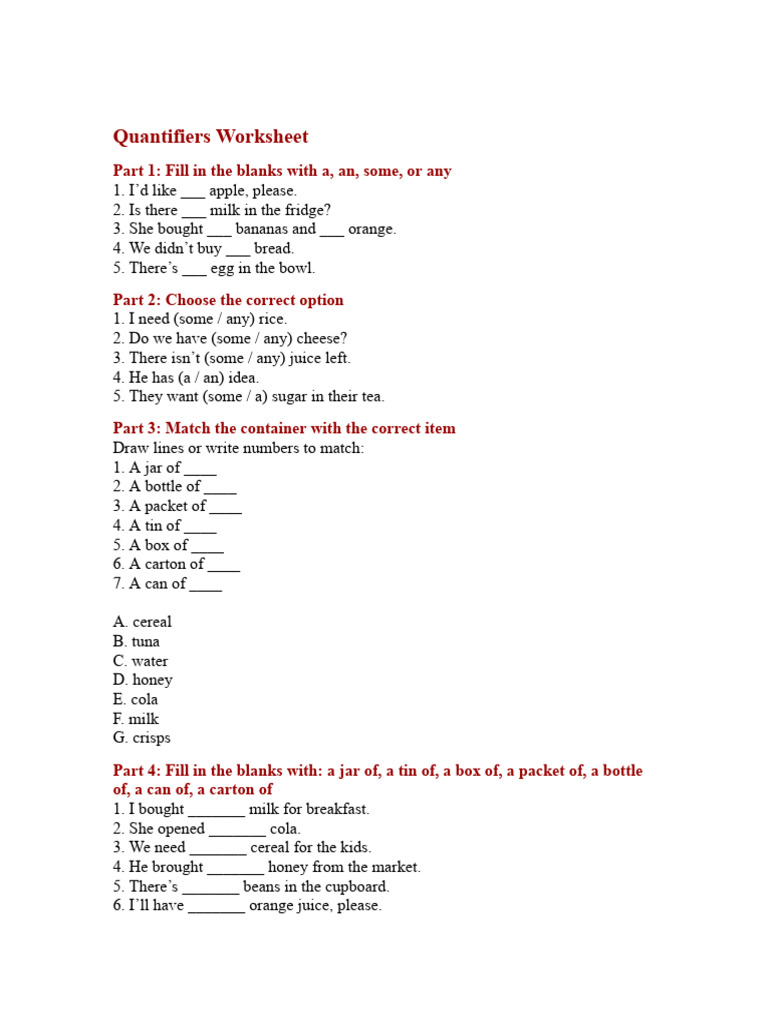 Class 5 Quantifiers Worksheet | PDF