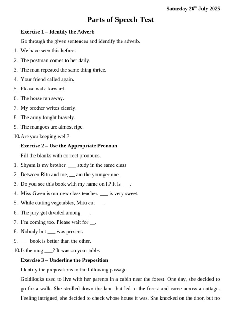 Parts of Speech Practice Exercises | PDF
