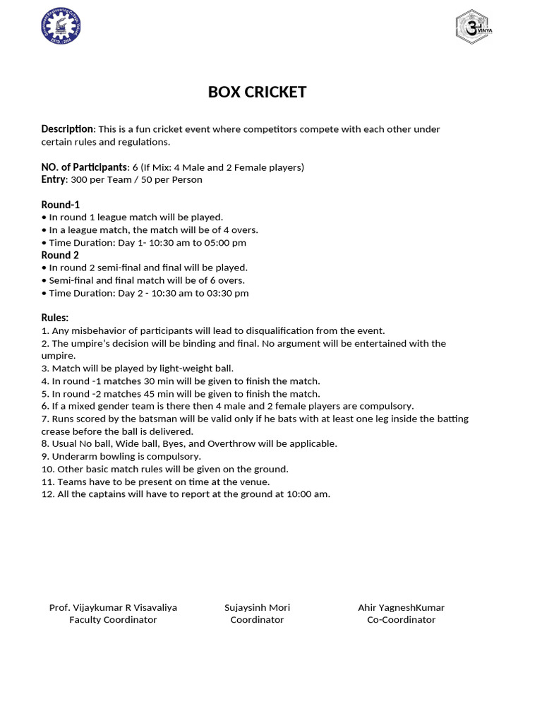 Box Cricket Tournament Rules and Format | PDF