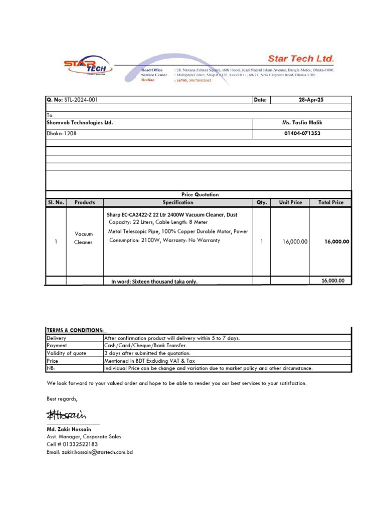Quotation for Shomvob Technologies Ltd. | PDF
