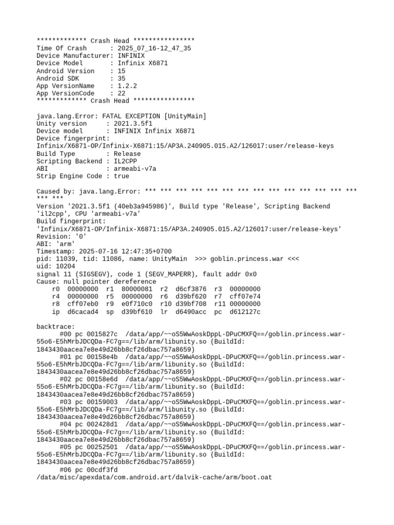 Unity Crash Report for Infinix X6871 | PDF | Tablet Computer | System ...