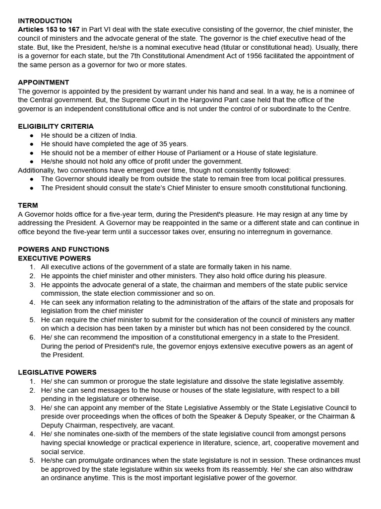 Governor - Appointment, Powers, Position | PDF | Bill (Law) | State ...