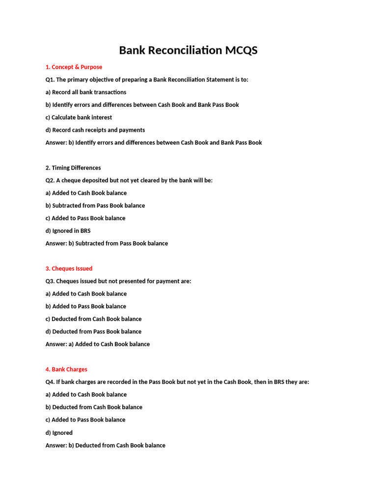 Bank Reconciliation Statement MCQs | PDF | Debits And Credits | Cheque