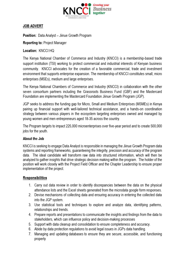 Data Analyst Job at KNCCI Jiinue Program | PDF | Statistics | Data