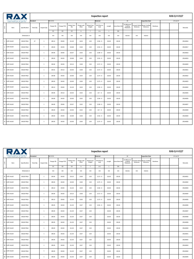 Fittings - Inspection Report RAX-Q-V-0127 | PDF